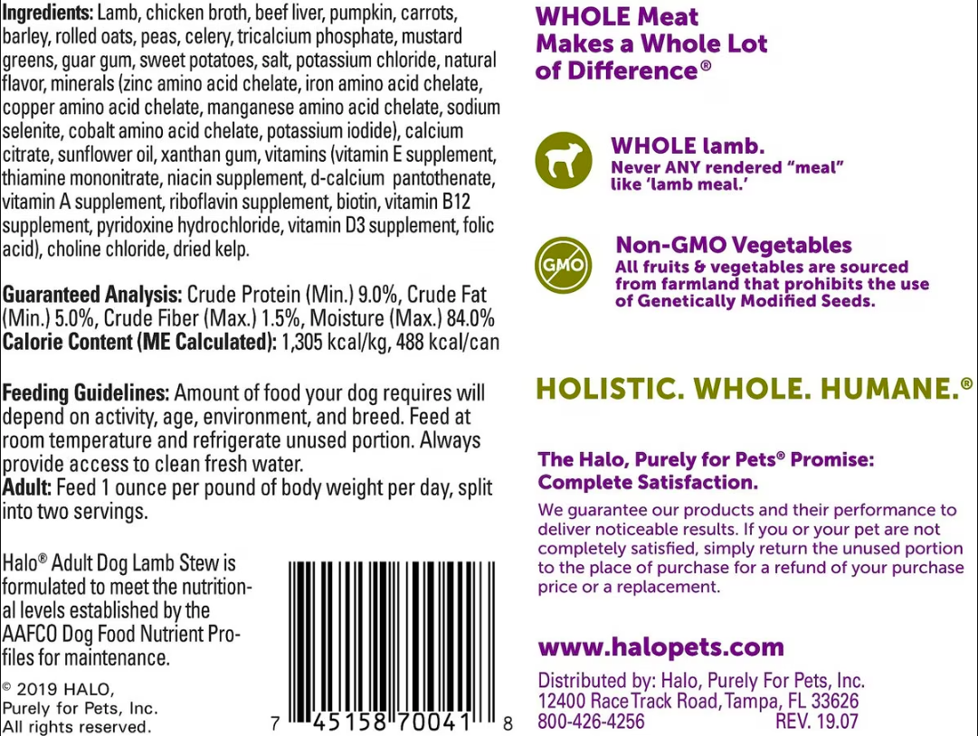 Halo Holistic Lamb Stew Adult Canned Dog Wet Food