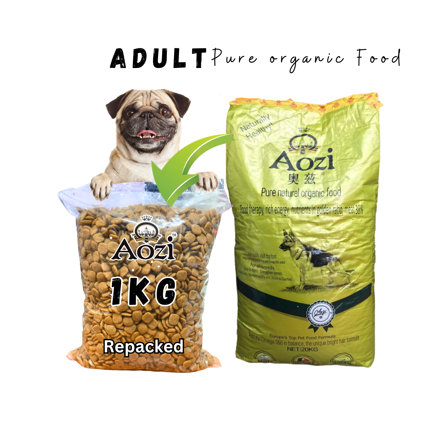 Aozi Pure Natural Organic Food Adult Dog Food for all Breeds 1kg repacked - mog and marley