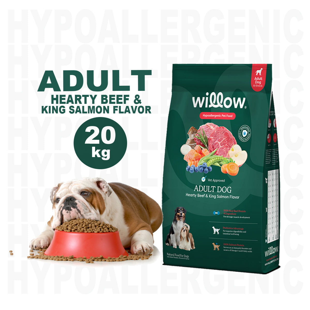 20kg Willow HYPOALLERGENIC Adult Dog Hearty Beef and King Salmon Dog Dry Food